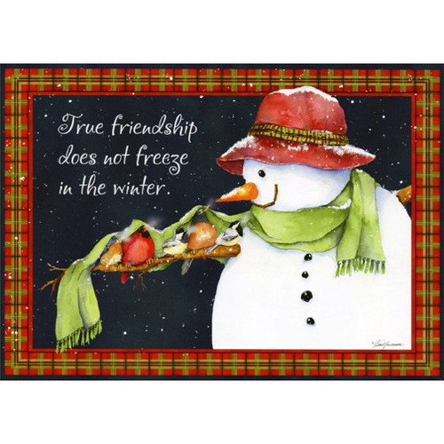 Snowman and Five Birds Box of 18 Christmas Cards: True friendship does not freeze in the winter.