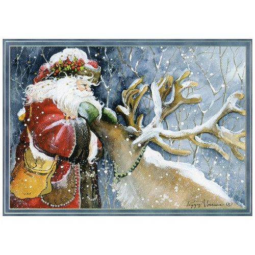 Old World Santa with Reindeer: Silver Prismatic Foil Box of 14 Peggy Abrams Christmas Cards