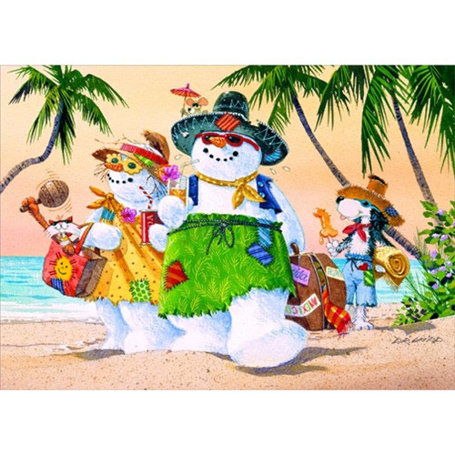 Snowman Family on Beach: D.R. Laird Box of 18 Warm Weather / Tropical Christmas Cards