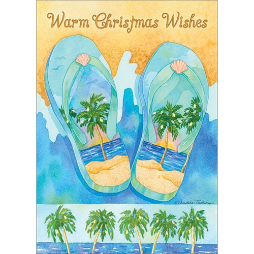 Palm Tree Flip Flops: Andrea Tachiera Box of 18 Warm Weather / Tropical Christmas Cards: Warm Christmas Wishes