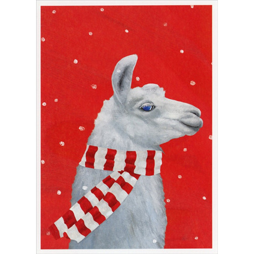 Cozy Llama Wearing Red and White Striped Scarf Christmas Card