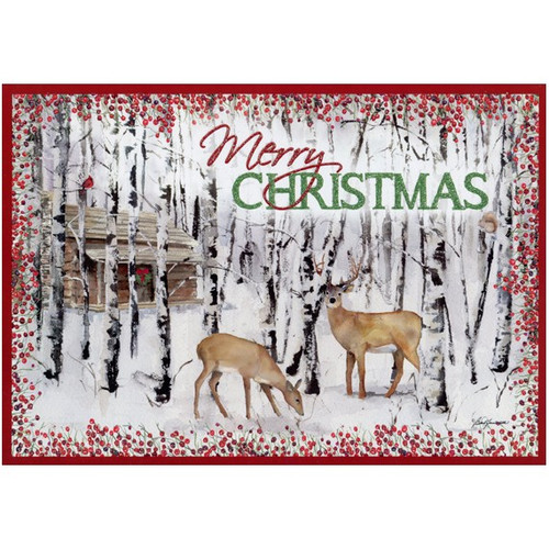 Deer and Birches: Box of 14 Barb Tourtillotte Deluxe Glitter Wildlife Christmas Cards: Merry Christmas