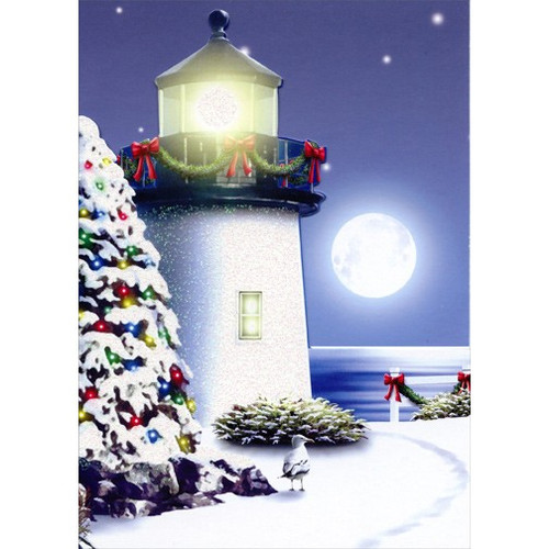 This Endless Night Cutout: Box of 12 Alan Giana Die Cut Lighthouse Christmas Cards