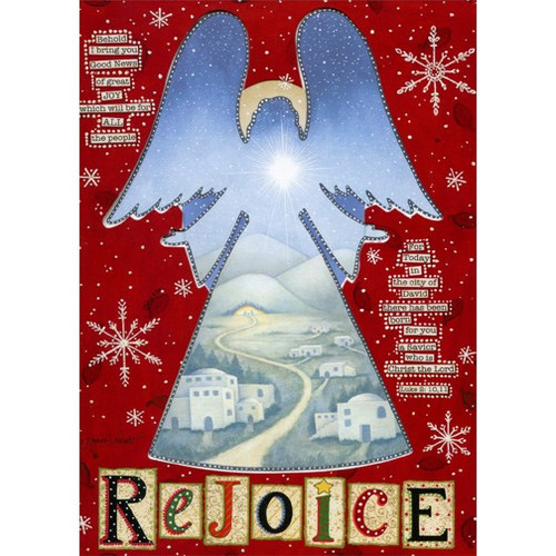 Rejoicing Angel Cutout: Box of 12 Annie LaPoint Religious Die Cut Christmas Cards: Rejoice - Behold I bring you Good News of great JOY which will be for All the people for Today in the city of David there has been born for you a Savior who is Christ the Lord  Luke 2: 10-11