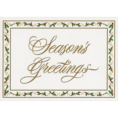 Gold Foil Embossed Season's Greetings with Holly Border Box of 14 Christmas Cards: Season's Greetings