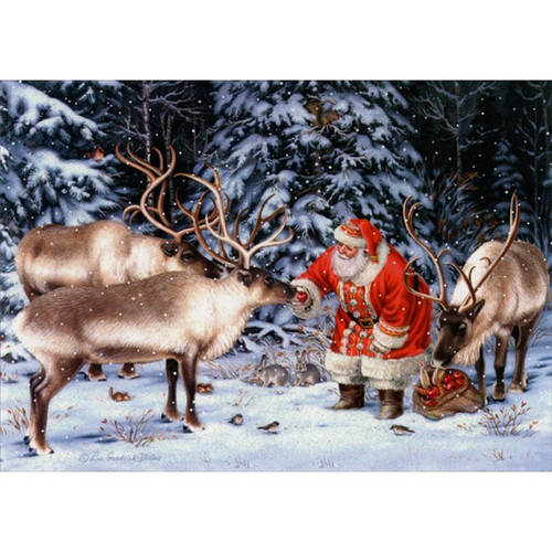 Reindeer Treat Time with Santa : Liz Goodrick-Dillon Box of 14 Deluxe Glitter Christmas Cards
