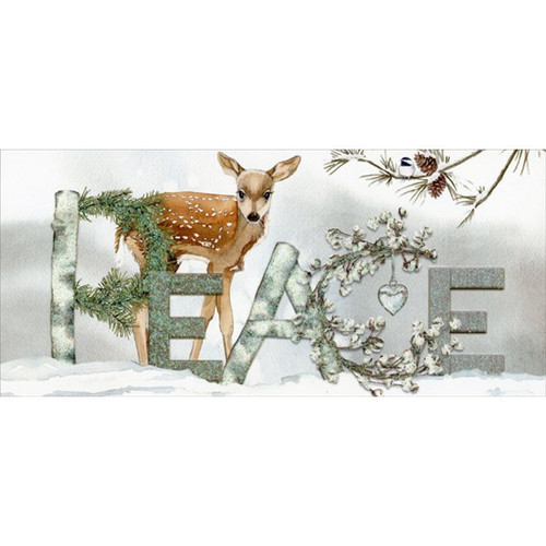 Peace Deer : Lynnea Washburn Box of 14 Long Glitter Christmas Cards: PEACE