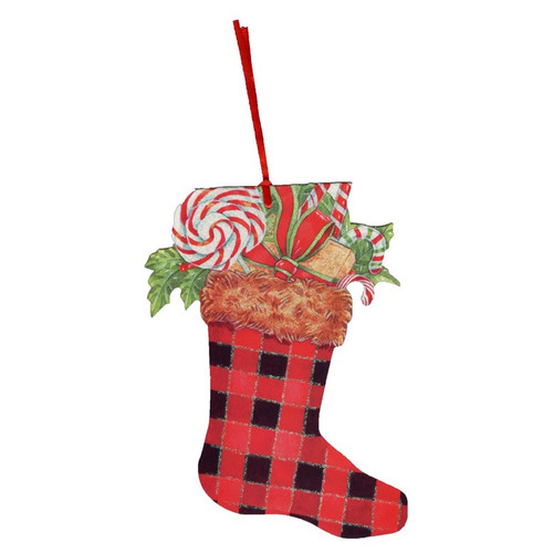 Red and Black Checkered Stocking : Andrea Tachiera Box of 12 Keepsake Ornament Christmas Cards