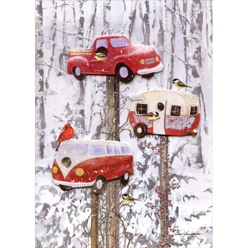 Retro Birdhouses Pickup Truck, Trailer and Van : Barb Tourtillotte Box of 12 Hand Embellished Christmas Cards