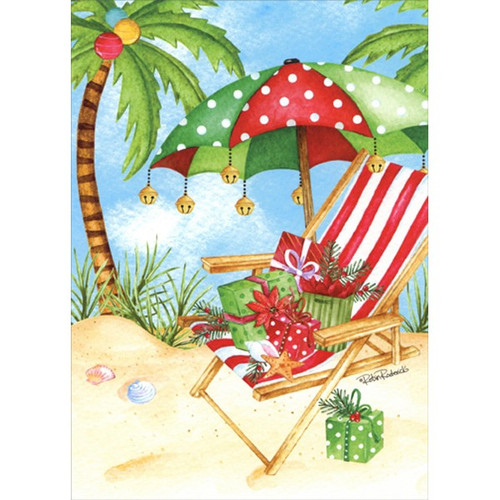 Polka Dot Umbrella and Red and White Chair on Beach : Robin Roderick Box of 18 Tropical Christmas Cards