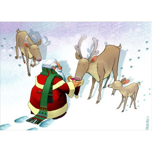 Santa Feeding Deer Christmas Card