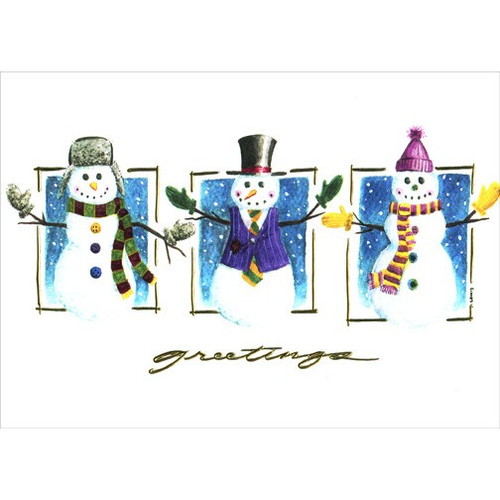 Three Snowmen with Gold Holiday Card: Greetings