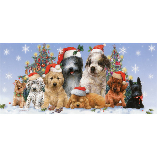 Puppies in Santa Hats Long Glitter Christmas Card