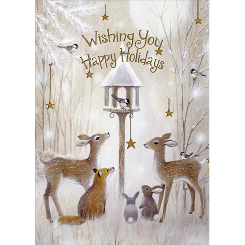 Deer, Fox, Rabbits and Bird Feeder Christmas Card: Wishing You Happy Holidays