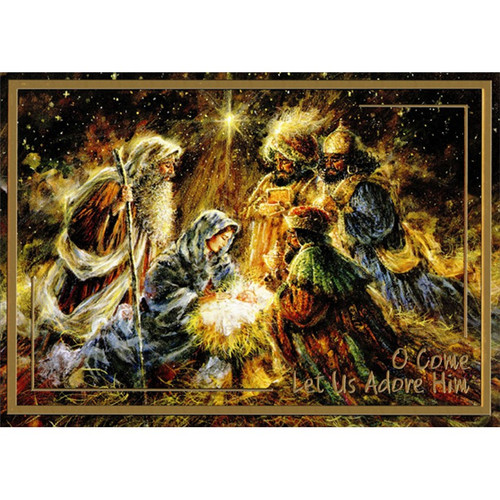 Gold Foil Framed Nativity Scene Religous Christmas Card: O Come Let Us Adore Him