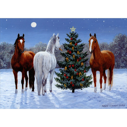 Three Horses and Tree in Winter Glitter Christmas Card