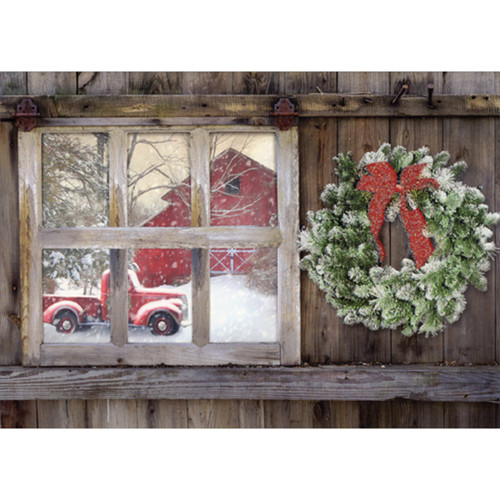 Red Truck Outside Window Die Cut Farm Themed Christmas Card