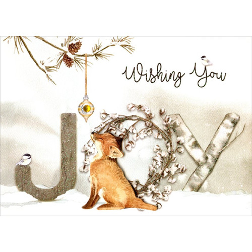 Joy Fox Hand Embellished Christmas Card: Wishing You JOY