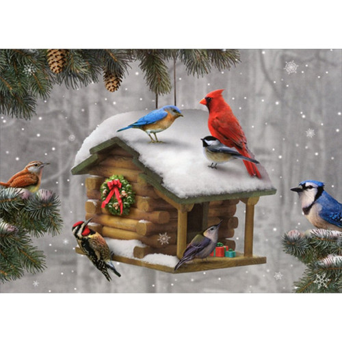 Cardinal, Bluejay, Chickadee on Log Cabin Birdhouse Alan Giana Christmas Card