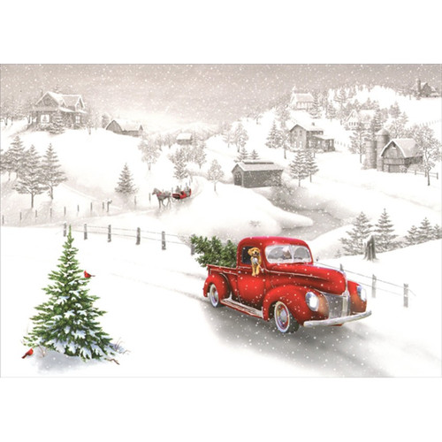 Red Pickup Truck and Snow Covered Road and Hillside Christmas Card