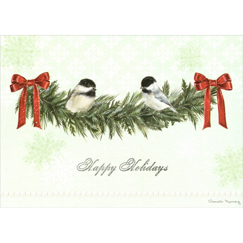 Two Chickadees Perched on Evergreen Branch Christmas Card: Happy Holidays