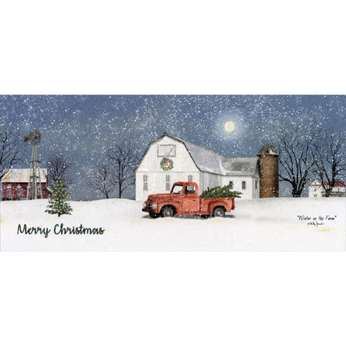 Red Pickup Truck, Winter Farm and Moonlit Sky Christmas Card: Merry Christmas