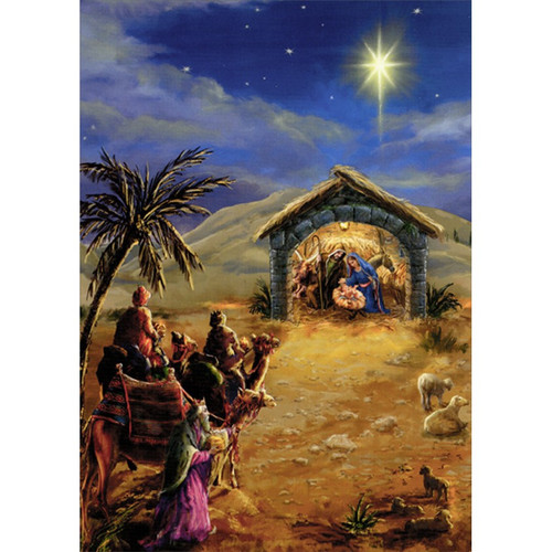 Three Wise Men Approach the Manger Religious Christmas Card