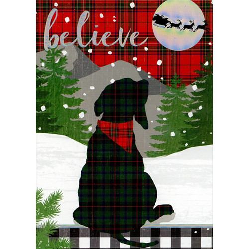 Believe : Green and Red Plaid Dog Christmas Card: believe