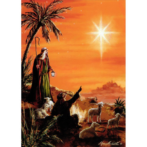 Shepherds Gazing at Glitter Star in Orange Sky Religious Christmas Card