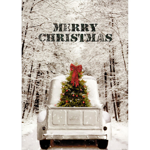 White Pickup Truck Transporting Tree on Snowy Road Christmas Card: MERRY CHRISTMAS