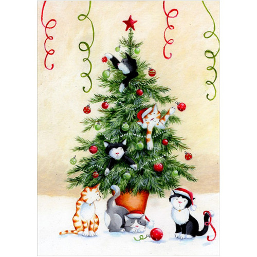 Cats Playing with Ornaments in Tree Christmas Card