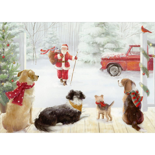Red Truck : Santa Approaching Dogs on Porch Christmas Card