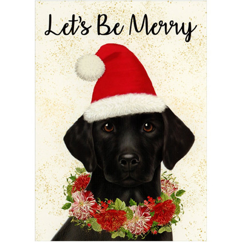 Black Labrador Retriever Puppy Wearing Santa Hat Dog Christmas Card: Let's Be Merry