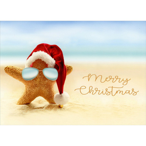 Starfish Wearing Sunglasses and Santa Hat Tropical Christmas Card: Merry Christmas