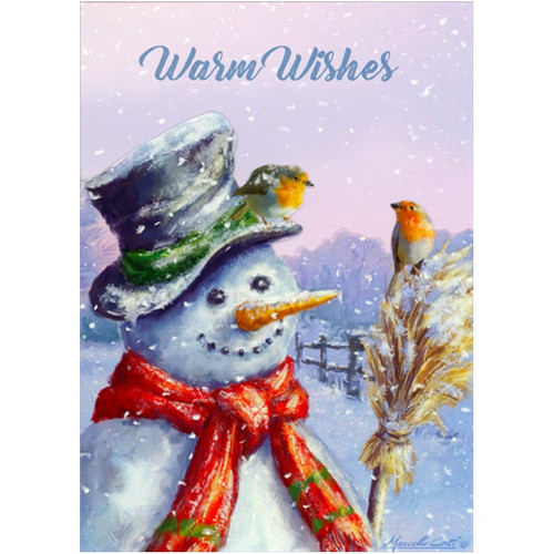 Snowman : Two Small Birds on Broom and Hat Die Cut Christmas Card: Warm Wishes