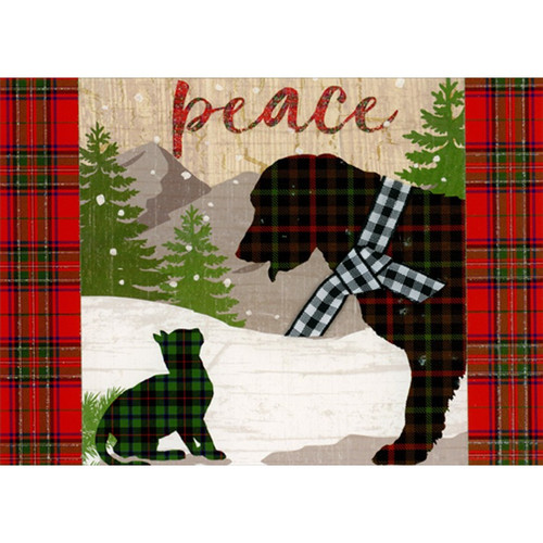 Dog and Cat Silhouettes, Black and White Ribbon : Tartan Borders Hand Decorated Christmas Card: peace