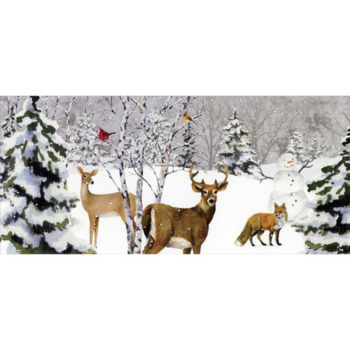 Deer, Fox, Cardinals : Woodland Scene : Sparkling Snow Long Christmas Card
