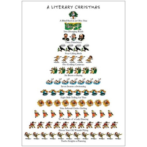 Literary 12 Days of Christmas Card: A Literary Christmas - A Blind Bard in an Olive Tree - Two Diverging Roads - Three Frenchmen - Four Calling Birds - Five Golding Castaways - Six Beasts a-Slaying - Seven Swanns a-Swimming - Eight Bells Tolling for Thee - Nine Infernal Circles Circling - Ten Portraits of a Lady Dancing - Eleven-Year-Old Wizards Flying - Twelve Knights a-Prancing