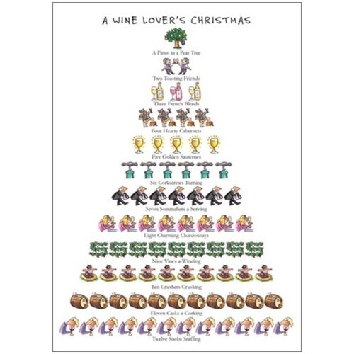 Wine Lover's 12 Days of Christmas Card: A Wine Lover's Christmas - A Pinot in a Pear Tree - Two Toasting Friends - Three French Blends - Four Hearty Cabernets - Five Golden Sauternes - Six Corkscrews Turning - Seven Sommeliers a-Serving - Eight Charming Chardonnays - Nine Vines a-Winding - Ten Crushers Crushing - Eleven Casks a-Corking - Twelve Snobs Sniffing