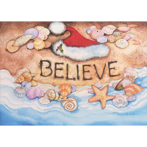 Santa Hat with Sea Shells Christmas Card: BELIEVE