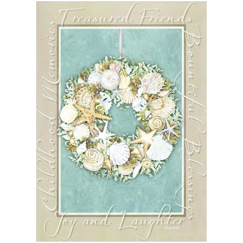 Sea Shell Wreath: Coastal Christmas Christmas Card: Treasured Friends - Bountiful Blessings - Childhood Memories - Joy and Laughter