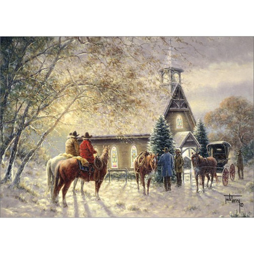 Cowboys Outside Church: Jack Terry Western Christmas Card