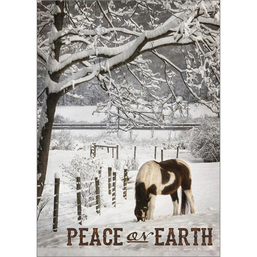 Brown and White Horse in Snow: Lori Deiter Country Christmas Card: Peace on Earth