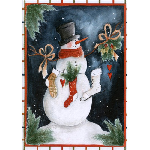 Snowman with Stockings and Ice Skate: Monica Sabolla Gruppo Christmas Card