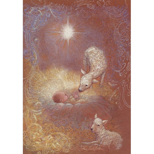 Baby Jesus and Lambs: Sherri Buck Baldwin Deluxe Glitter Religious Christmas Card