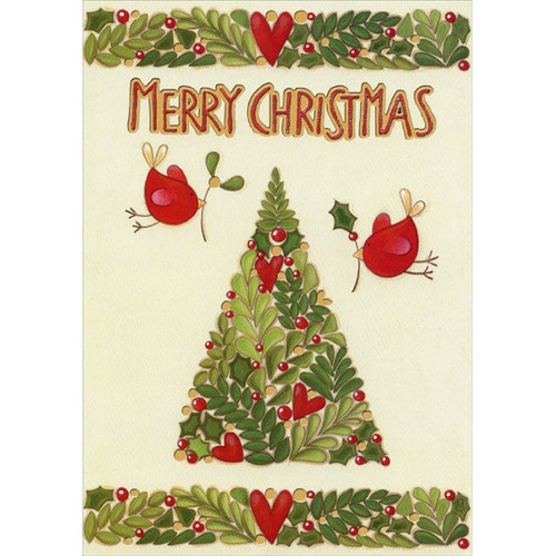 Small Red Birds: Maria Garbagnati Embossed Foil Christmas Card: Merry Christmas