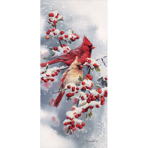 Winter Jewels Cardinals: Susan Bourdet Tall Format Christmas Card