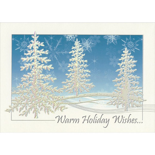 Silver Prismatic Foil Embossed Evergreen Trees on Blue : Rhonda Adams Christmas Card: Warm Holiday Wishes…