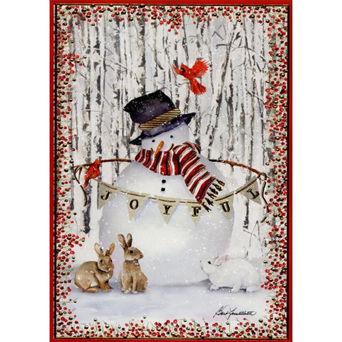 Joyful Snowman and Rabbits : Barb Tourtillotte Embossed Gold Foil Christmas Card: Joyful