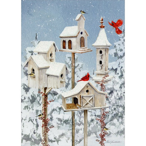 White Holiday Birdhouses : Barb Tourtillotte Deluxe Glitter Christmas Card